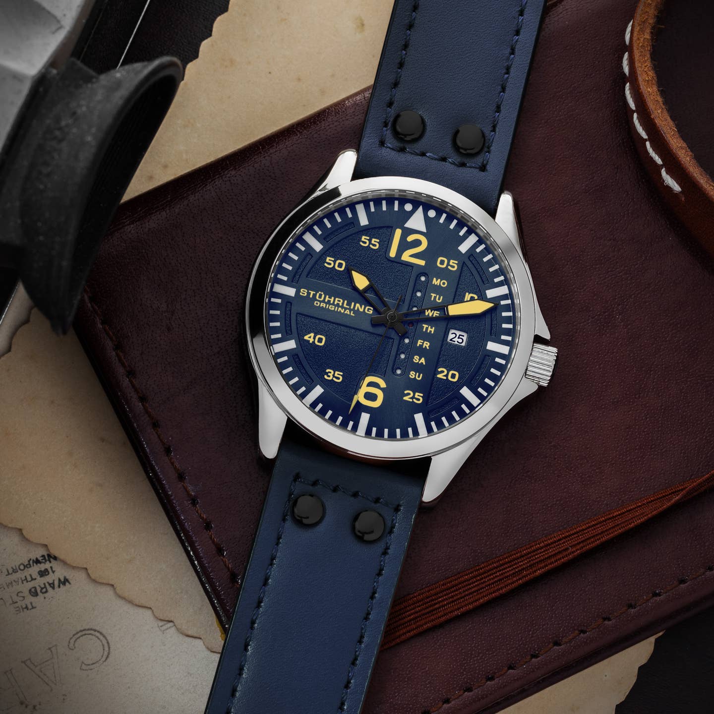 Stuhrling Original Aeronaut Men's Quartz Aviator Watch, 43mm, Blue Dial