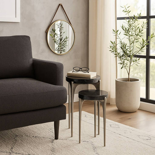 Side Table Set of 2 - Black/Silver Stone Top Round, 20/24 in
