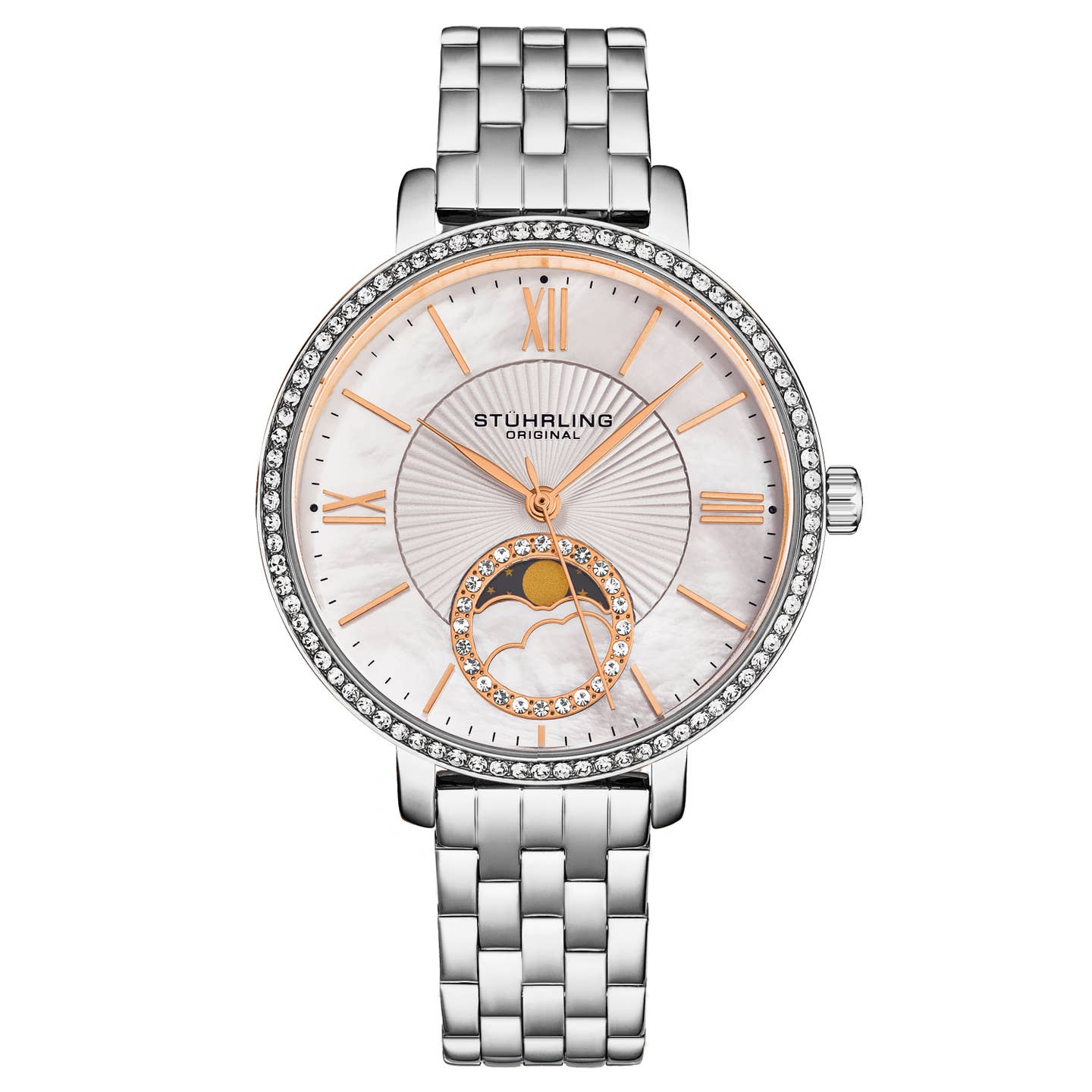 Stuhrling Original Horizon 4038 Women's Quartz Watch, 36mm, White Mother-of-Pearl Dial, Silver-Tone Stainless Steel Bracelet, Crystal-Accented Bezel
