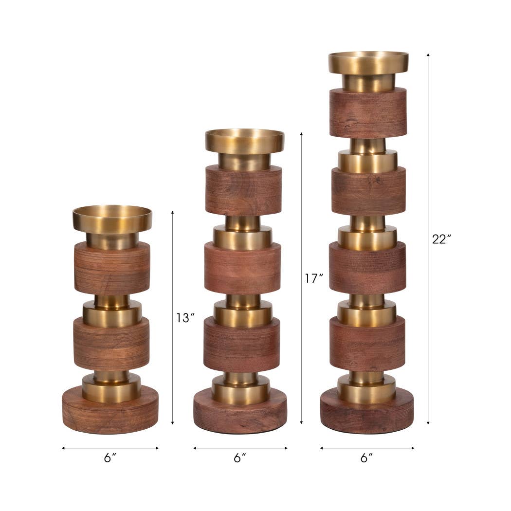 Candle Holder Set of 3 - Brown Wood Stacked, 13/17/22 in.