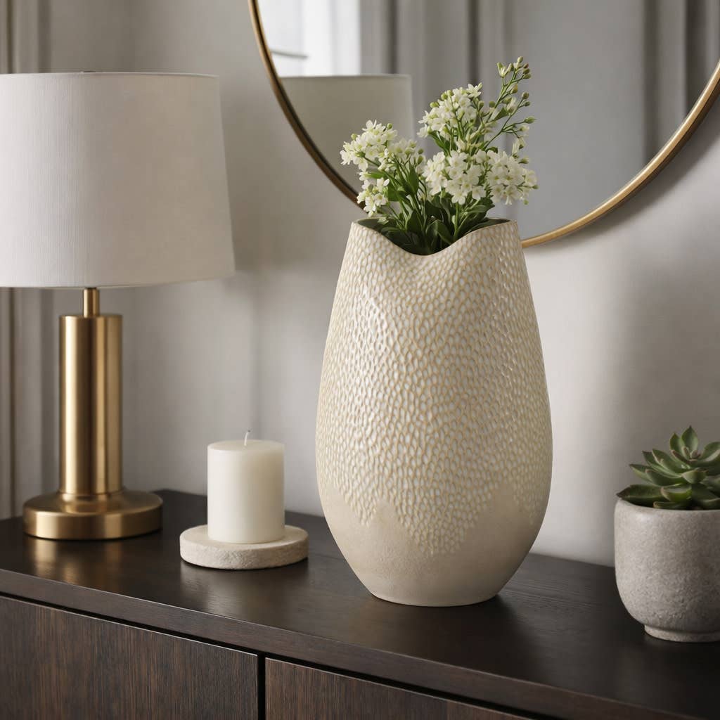 Decorative Vase - Cream Earthenware Textured Oval, 16 in.