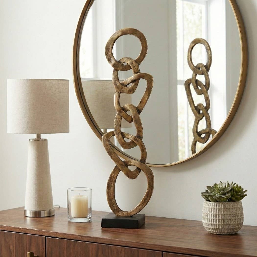 Sculpture - Gold Metal Chain Design with Wood Base, 27 in.