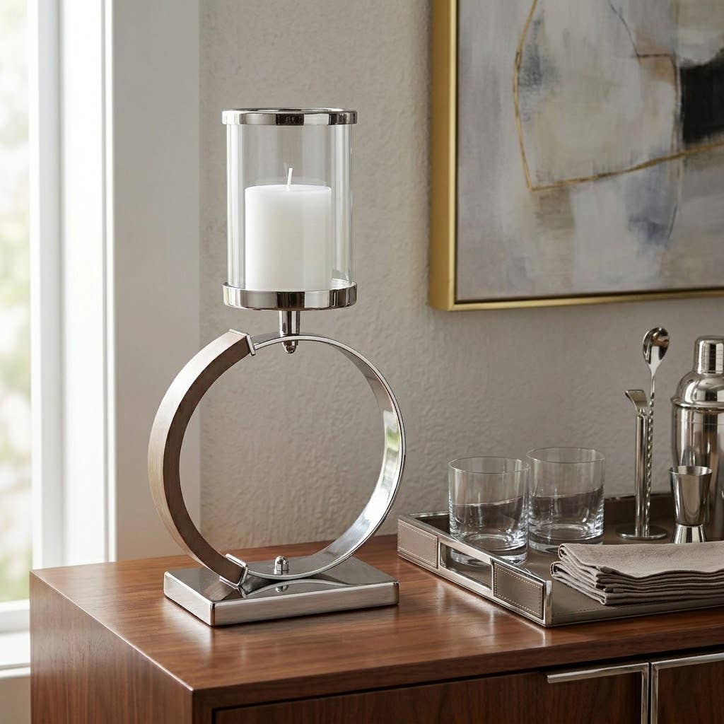Candle Holder - Silver Metal Ring Small Hurricane, 16 in.