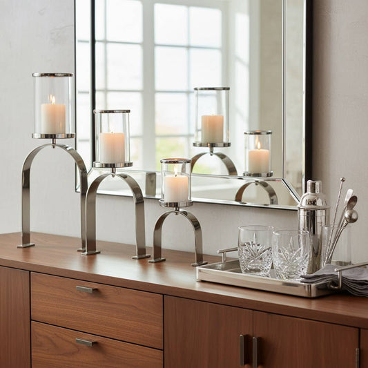 Candle Holders Set of 3 - Silver Metal Pillar, 10/16/22 in.