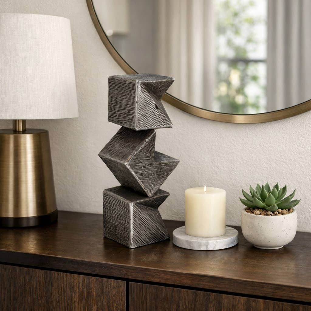Sculpture - Silver Metal Stacked Geometric Cube, 18 in.