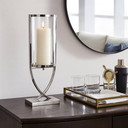 Candle Holder - Silver Metal Glass Cylindrical Pillar, 23 in