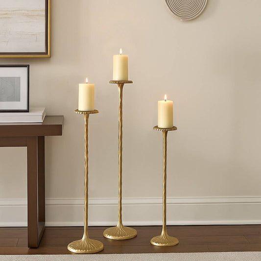 Candle Holder Set of 3 - Gold Metal Tall Stands, 26/32/40 in