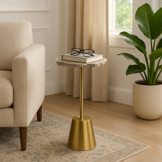 End Table - White Raw Agate Top with Gold Metal Base, 23 in.