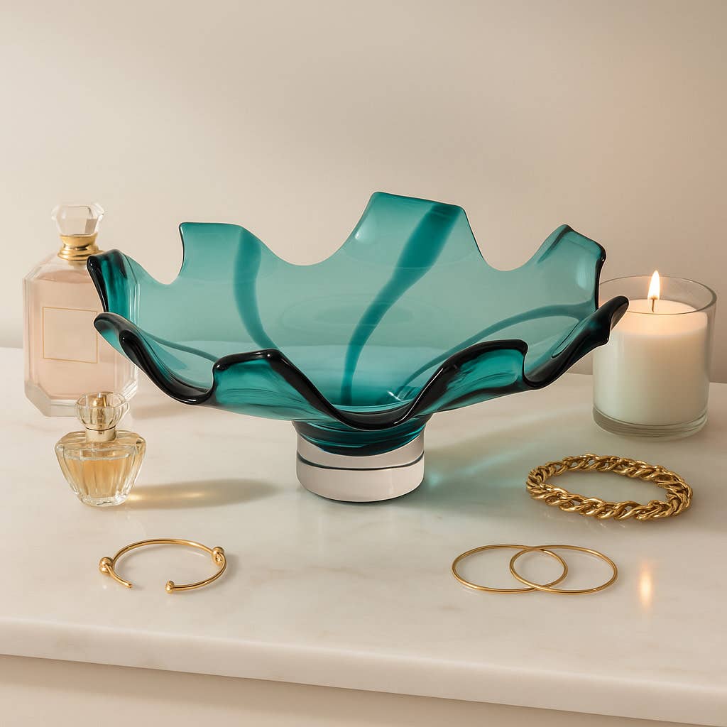 Decorative Bowl - Blue Glass Modern Artisan Blown, 14 in.
