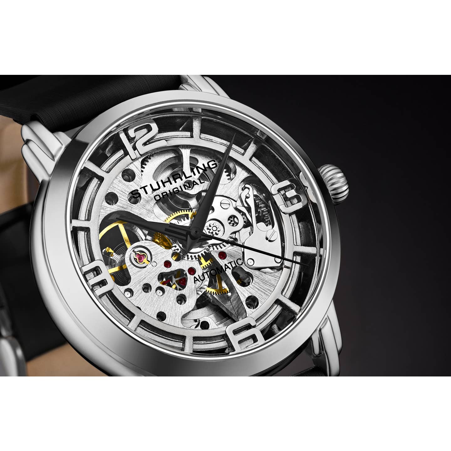 Stuhrling Original Winchester 3982 Women's Automatic Watch, 40mm, Silver Dial, Black Leather Strap, Skeleton Dial
