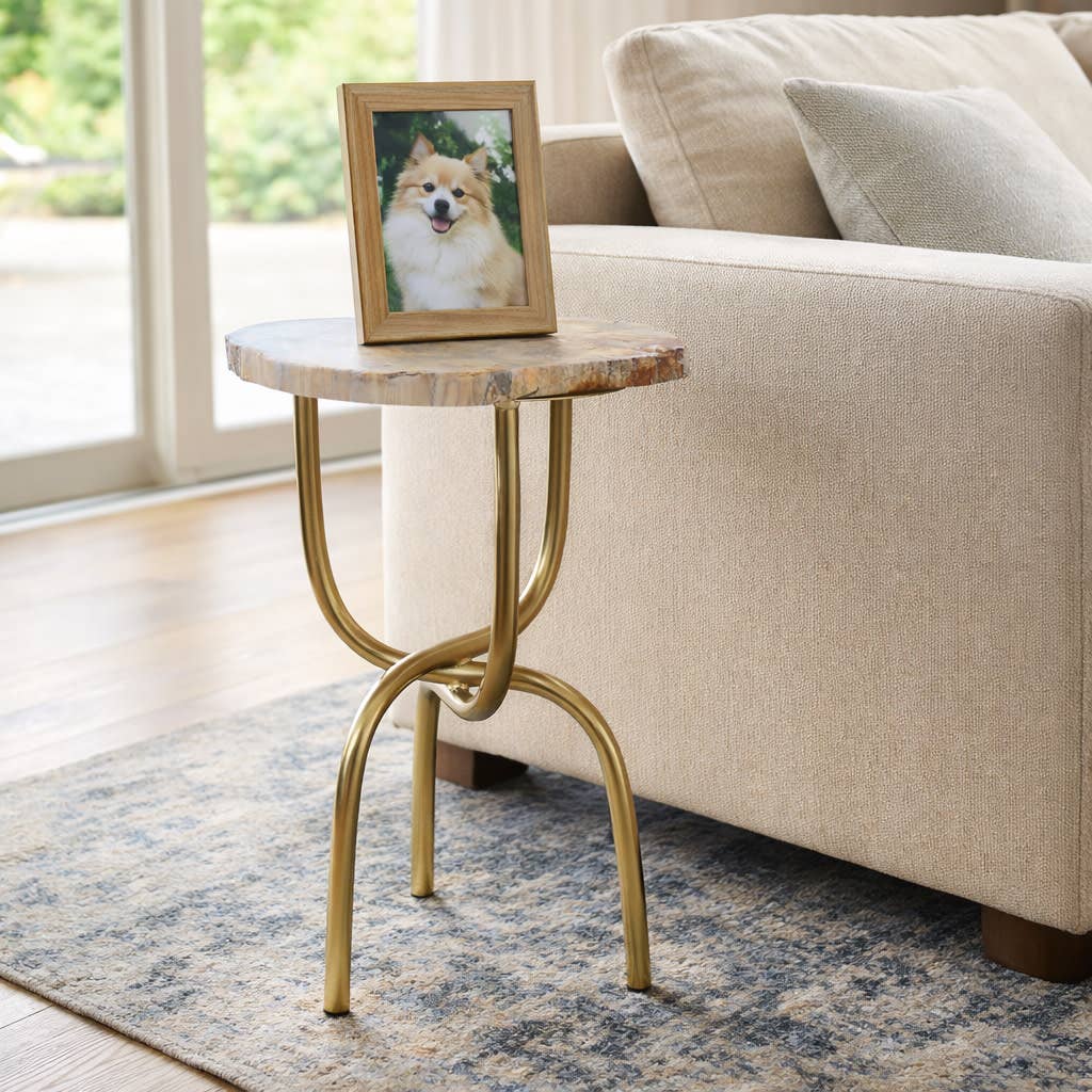 Side Table - Gold Metal Wood Hammered Base, 20 in.