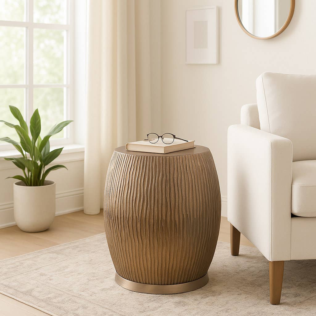 Decorative Stool - Champagne Metal Ribbed Drum, 19 in.