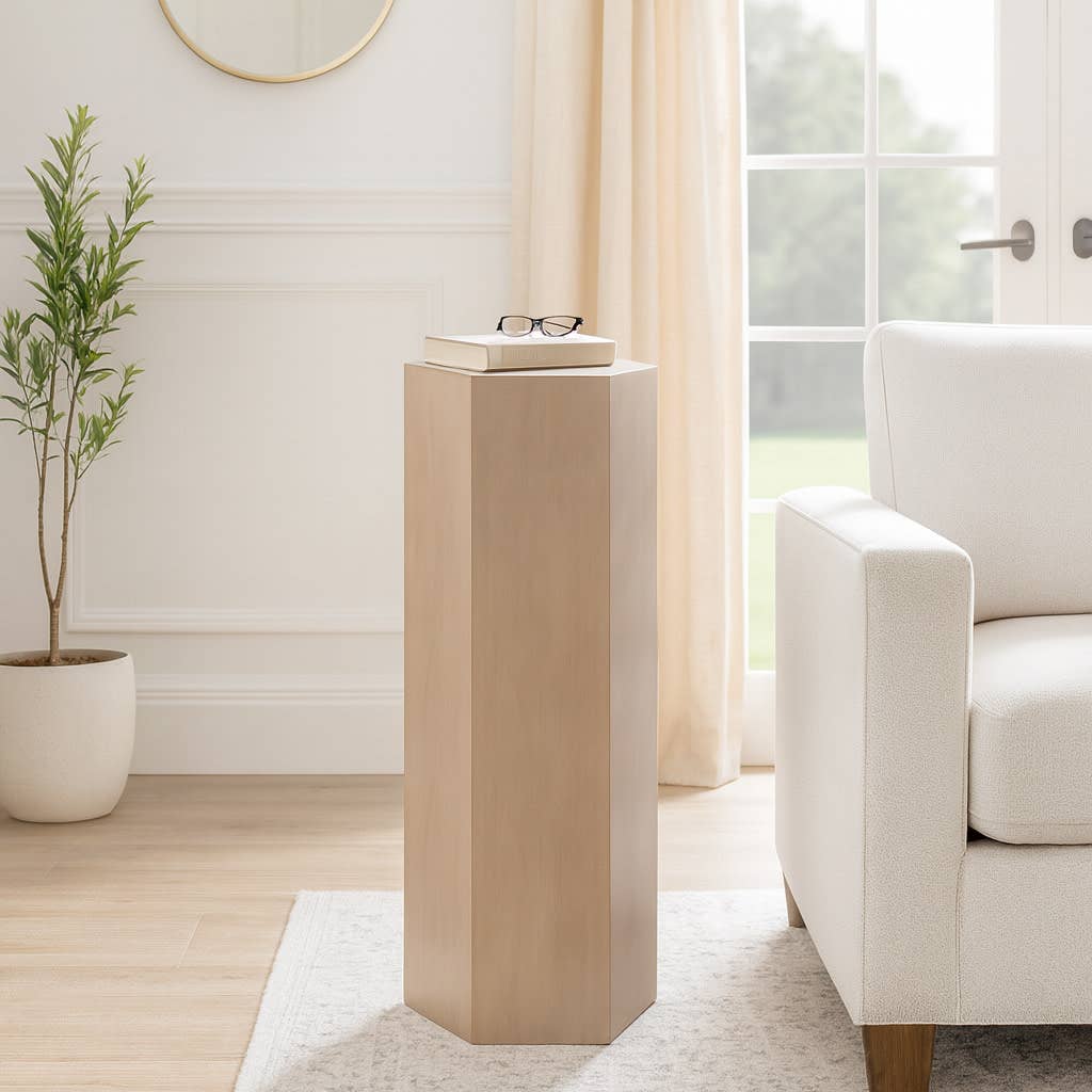 Side Table - Tan Wood Pentagon Geometric Design, 36 in.