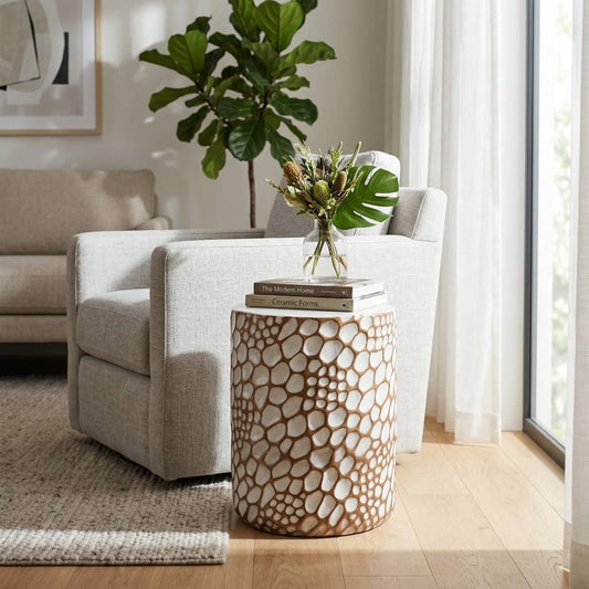 Garden Stool - White and Brown Ceramic Textured, 20 in.