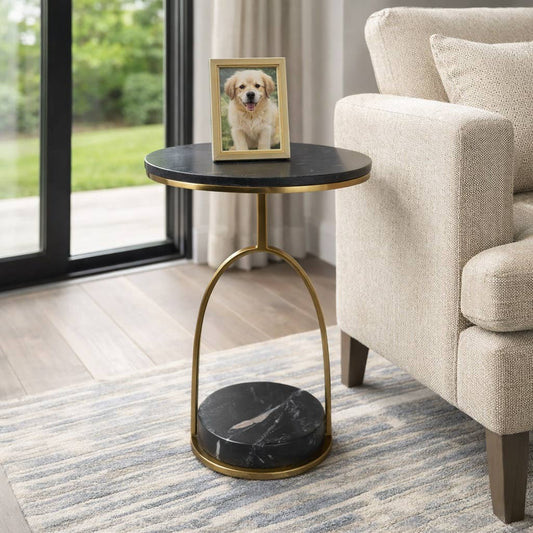 Side Table - Black Marble Top On Lower Storage Base, 23 in.