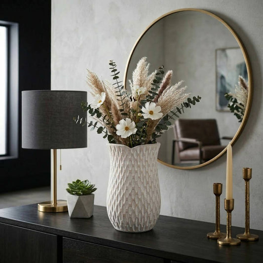 Decorative Vase - Ivory Ceramic Textured Patterned, 15 in.