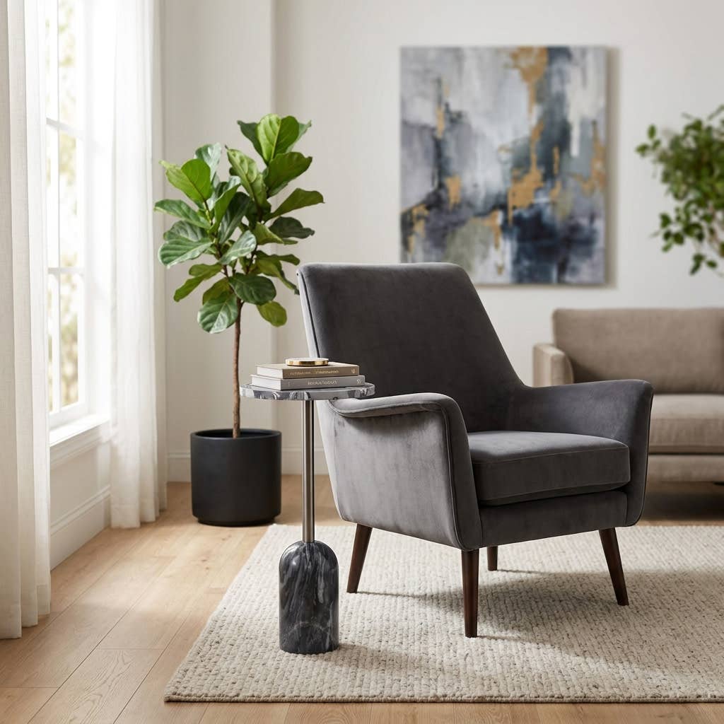 Side Table - Gray Stone Top Sculptural Narrow Base, 24 in.