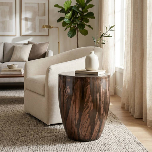 Side Table - Brown Metal Handcrafted Drum Design, 19 in.