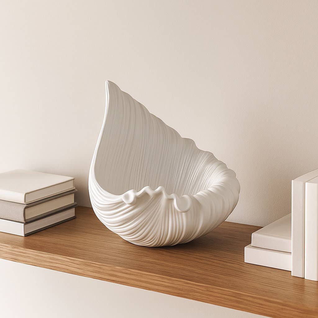Decorative Bowl - White Ceramic Shell Inspired, 16 in.