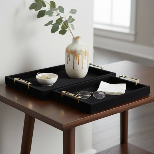 Trays Set of 2 - Black Wood Suede Ottoman, 17/20 in.