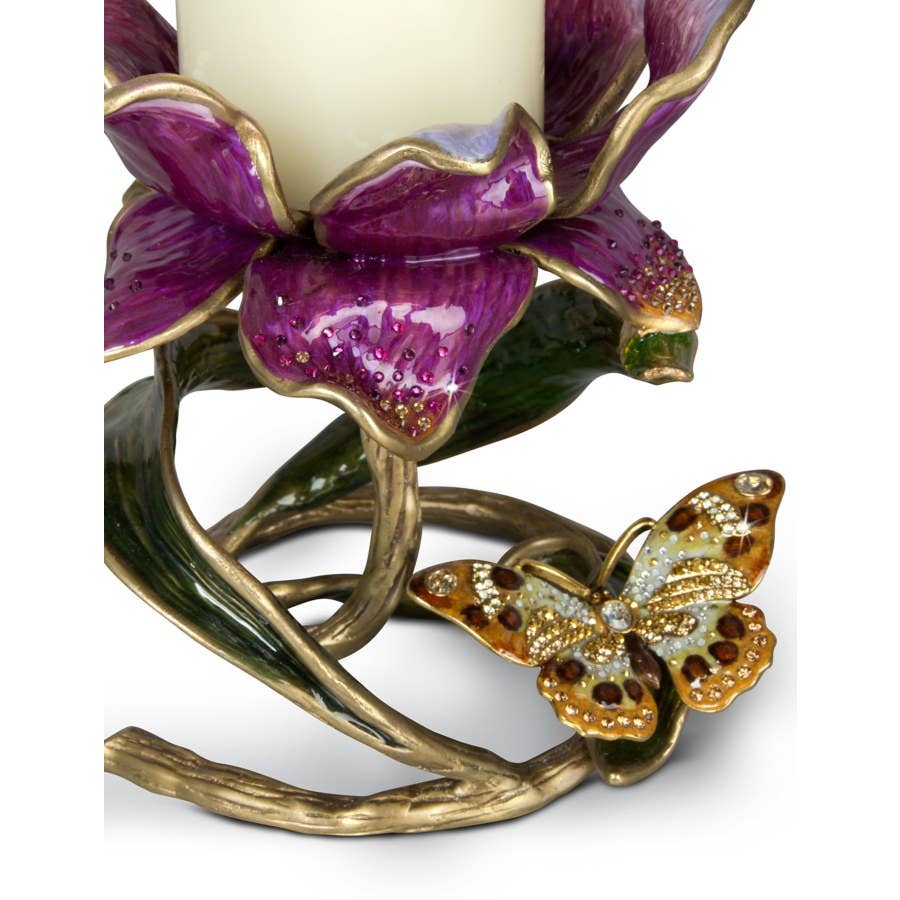 Jay Strongwater Aimee Floral 7" Brocade Pillar Candle Holder, Swarovski Crystal Enamel Gold-Finished