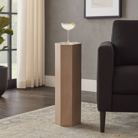 Side Table - Tan Wood Pentagon Geometric Design, 36 in.