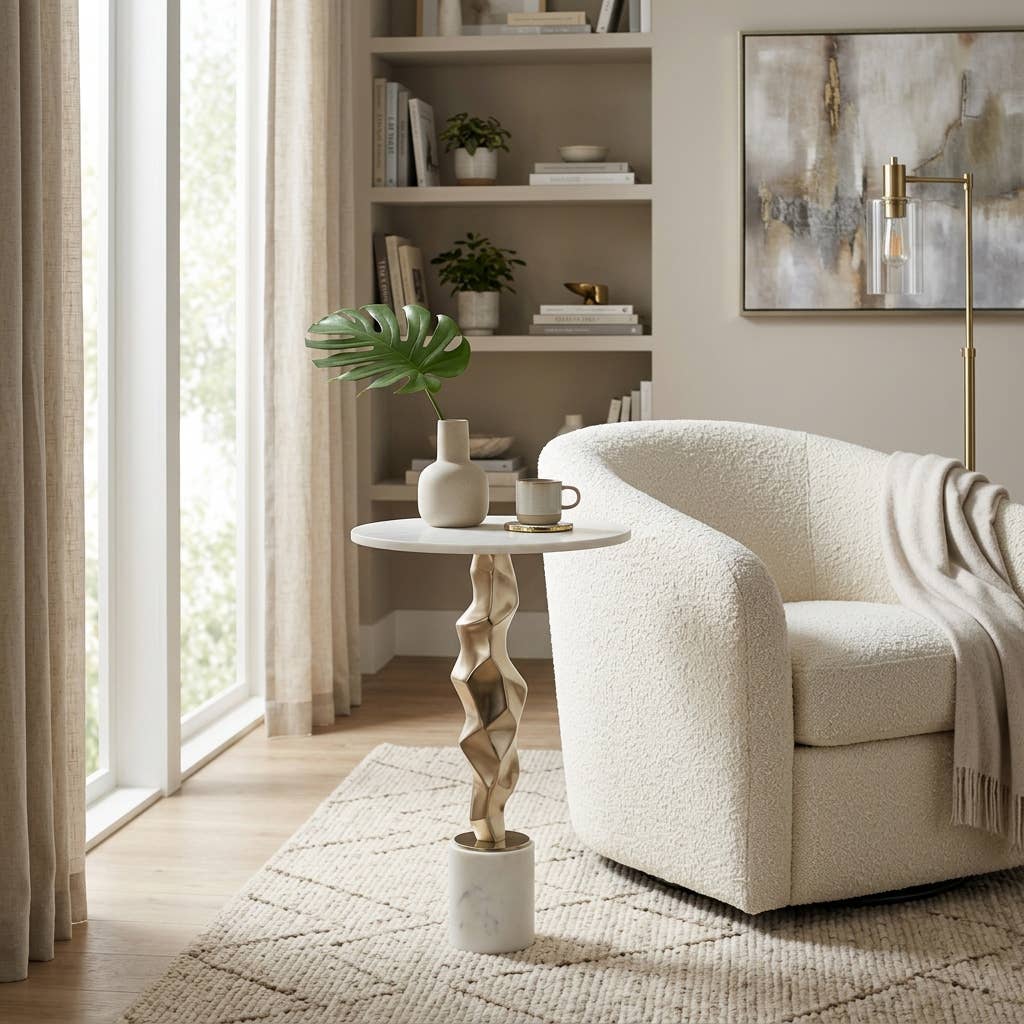 Side Table - White Marble Top Metal Pedestal Base, 25 in.