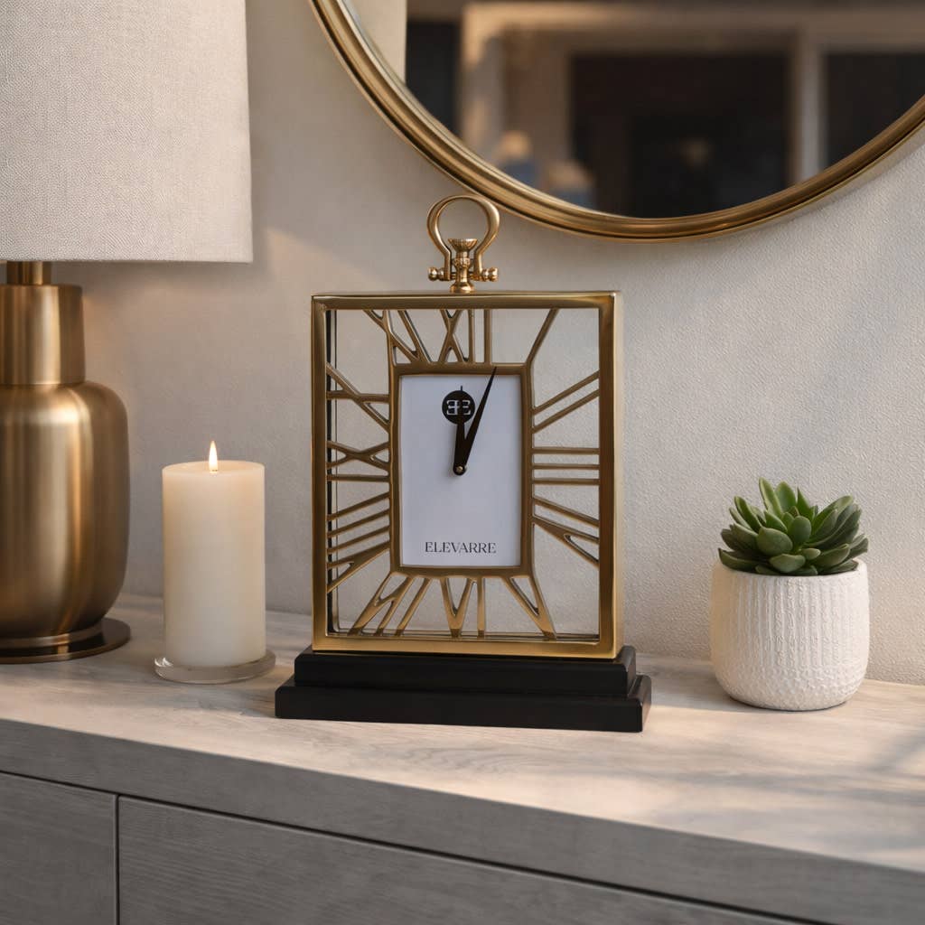 Table Clock - Gold Metal with Decorative Glass Face, 17 in.