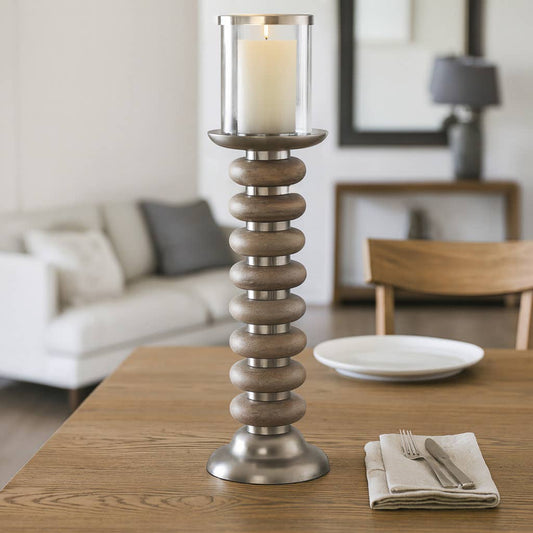 Candle Holder - Tan Pillar with Wood Ring Base, 20 in.