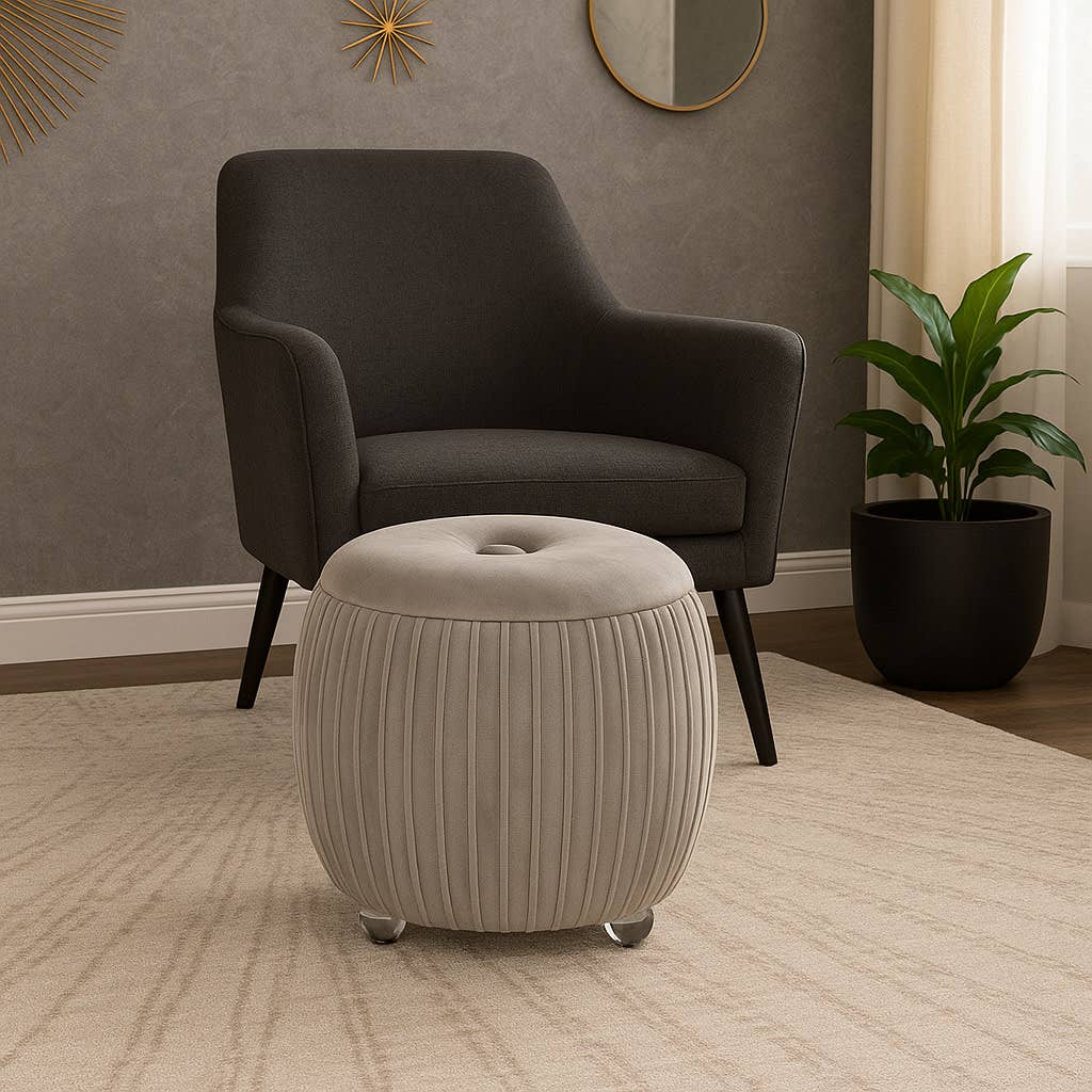 Storage Stool - Gray Wood Round with Cushioned Seat, 18 in.