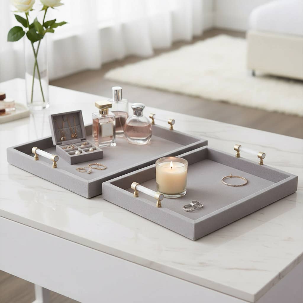 Trays Set of 2 - Gray Wood Moonstone Hardware, 18/20 in.