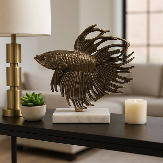 Sculpture - Gold Metal Accomac Fish On Marble Stand, 10 in.