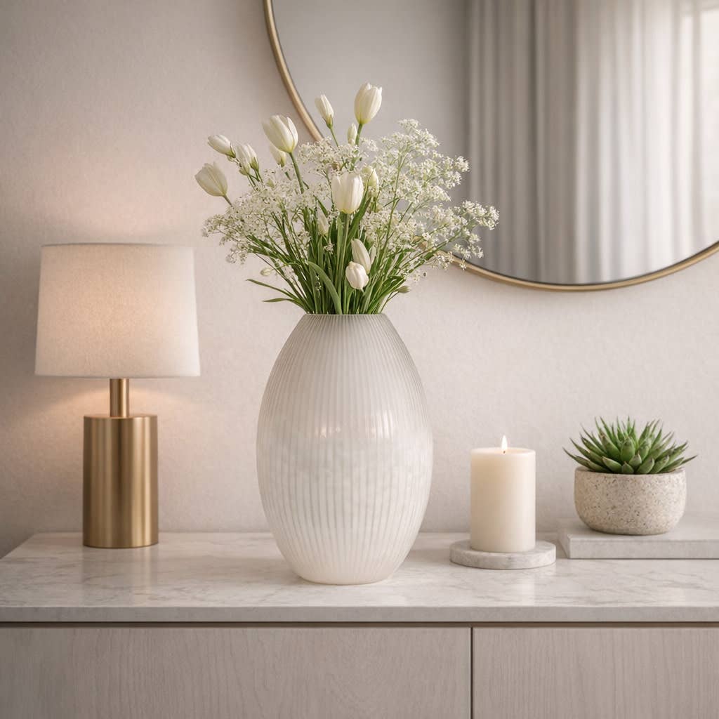 Decorative Vase - White Glass Minimalist Ribbed, 18 in.