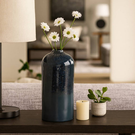 Decorative Vase - Blue Ceramic Gloss Cylinder, 14 in.