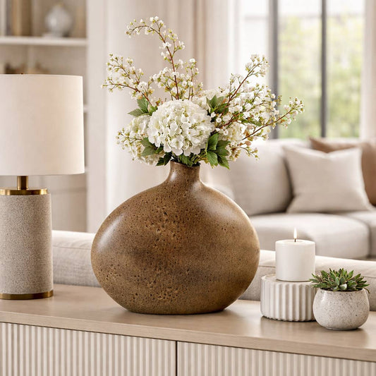 Decorative Vase - Brown Ceramic Oval Organic Shape, 13 in.