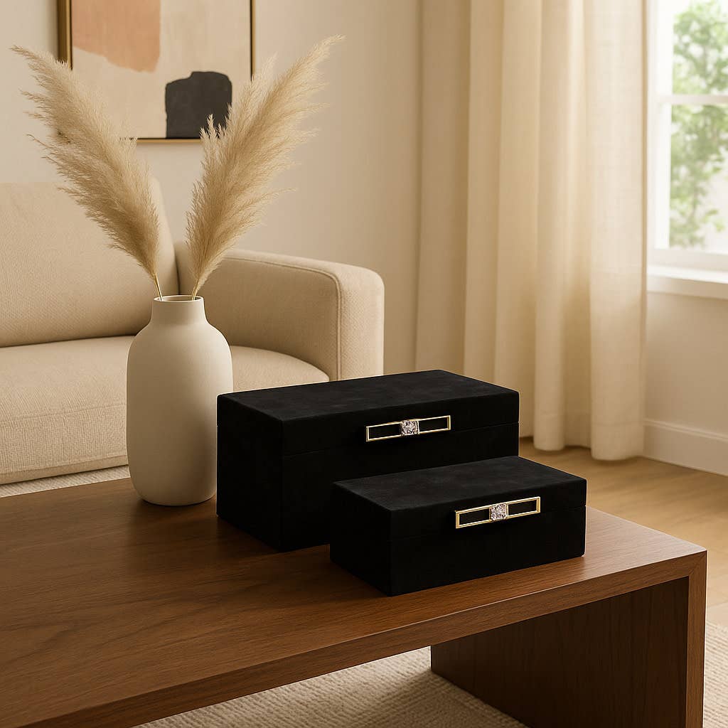 Boxes Set of 2 - Black Suede Wood Lid with Handle, 12/14 in.