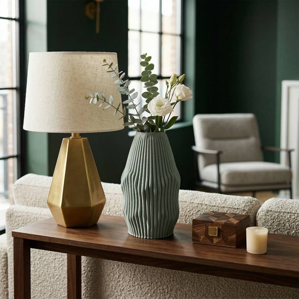 Decorative Vase - Green Ceramic Large Tall Ribbed 3D, 12 in.