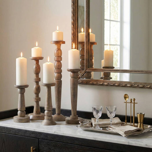 Candle Holder Set of 5 - Brown Mango Wood, 10-22 in.