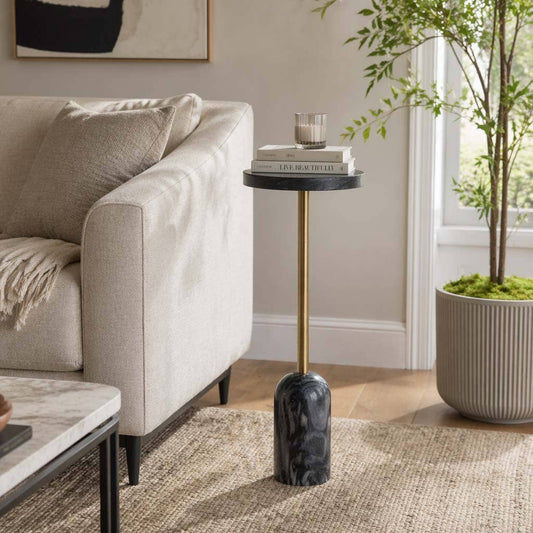 Side Table - Black Marble Top with Metal Tall Base, 27 in.