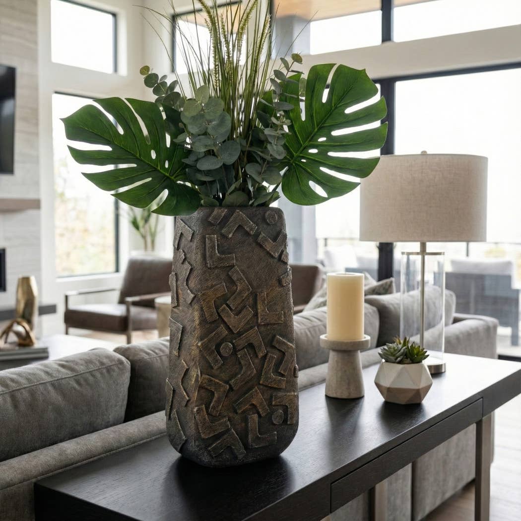 Decorative Vase - Bronze Ceramic Geometric Textured, 17 in.