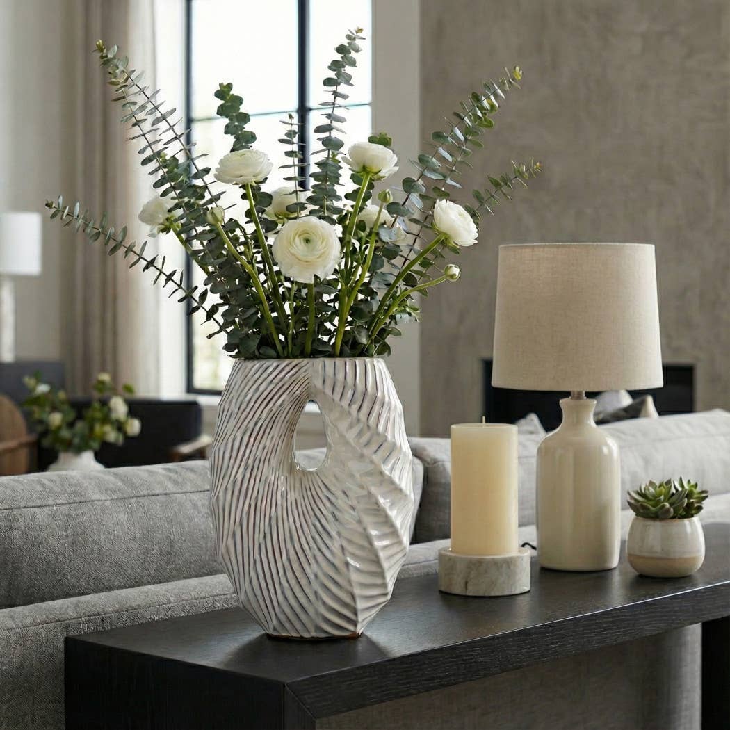 Decorative Vase - White Ceramic Textured Shell Wavy, 16 in.