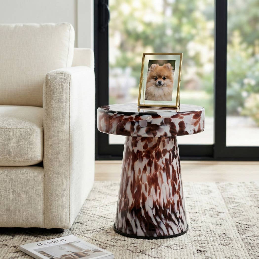 Side Table - Brown Glass Metal Artistic Pattern, 19 in.