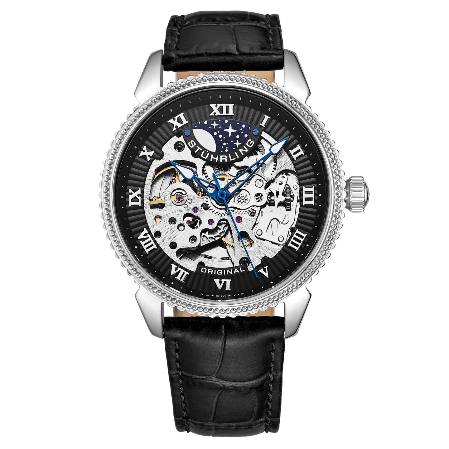 Stuhrling Original Special Reserve 3983 Men's Automatic Skeleton Watch, 40mm, Black Alligator Embossed Genuine Leather Strap