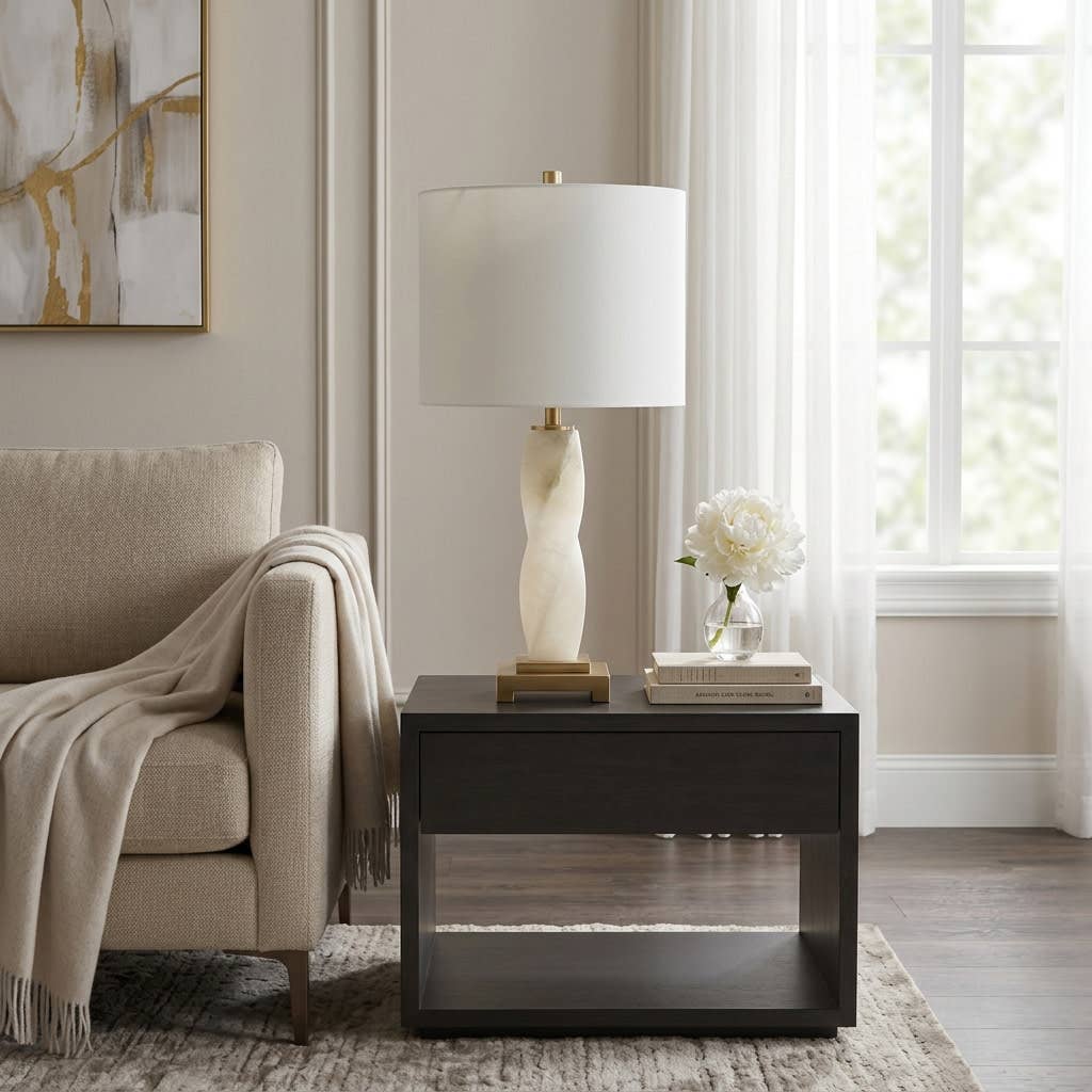 Table Lamp - Ivory/Gold Metal Base with Linen Shade, 24 in.