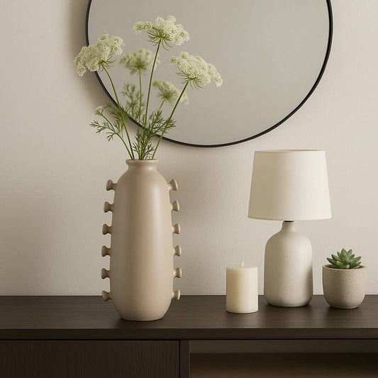 Decorative Vase - Tan Ceramic with Side Detailing, 18 in.