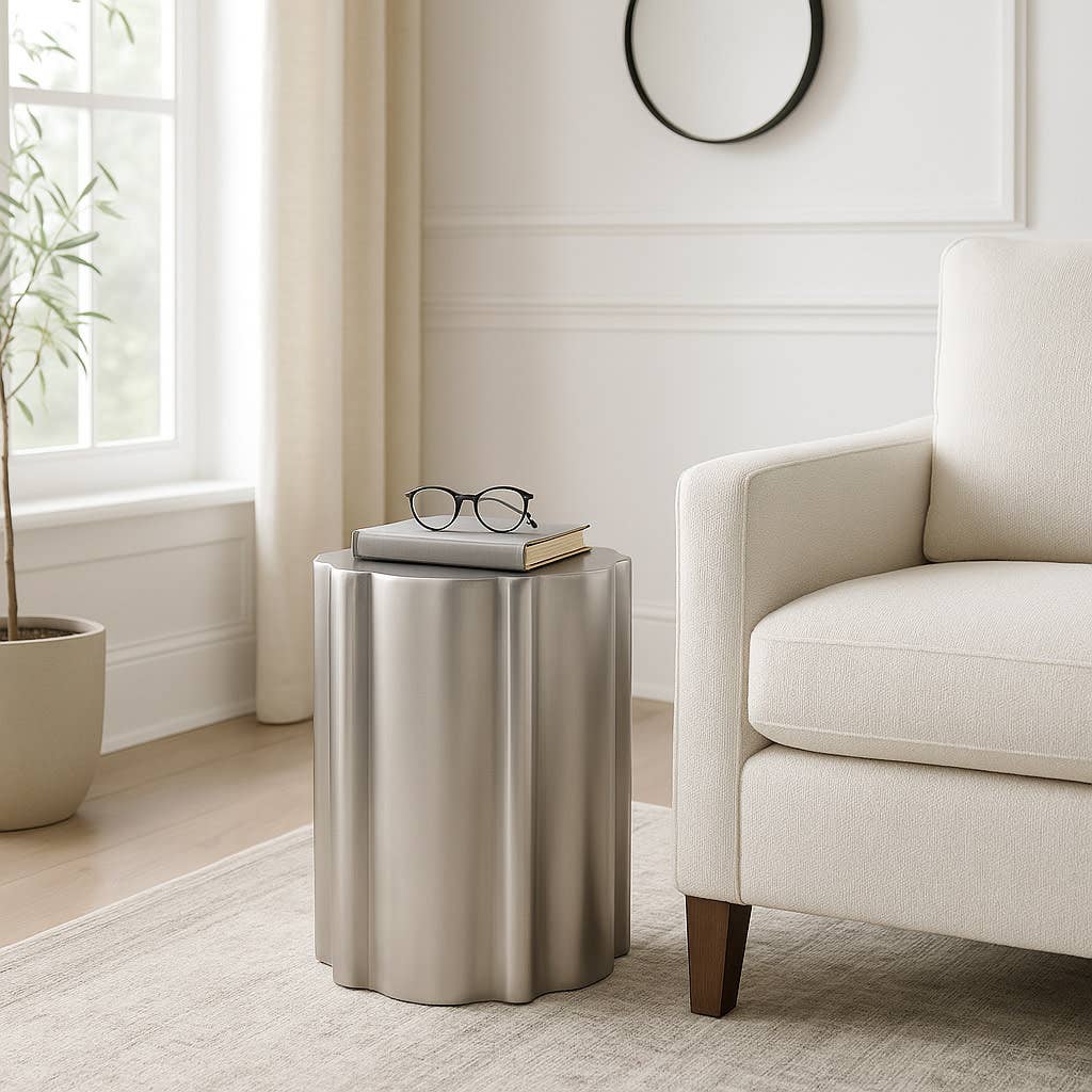 Side Table - Silver Metal Sculptural Polished Drum, 19 in.