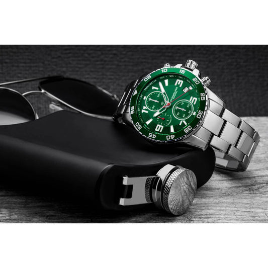 Stuhrling Original Concorso Men's Quartz Chronograph Watch, 40mm, Green Dial, Silver-Tone Brushed And Polished Link Bracelet, Style ZB8SY
