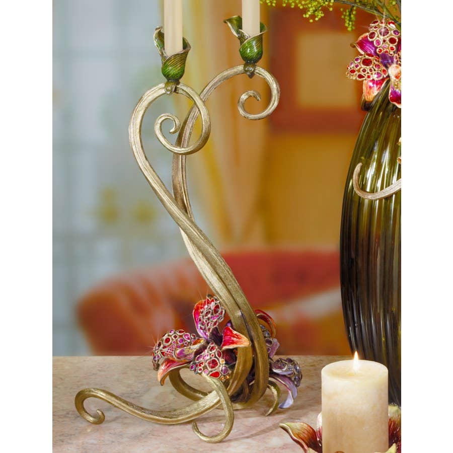Jay Strongwater Roselyn Orchid Double Candlestick Holder, Flora Leaf Swarovski Crystal Enamel