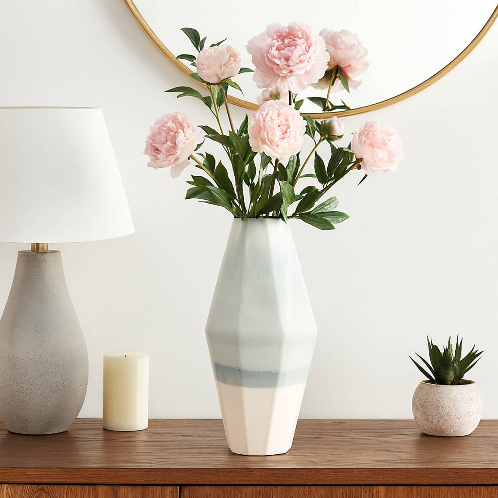 Decorative Vase - Blue Ceramic Triple Tone Faceted, 18 in.