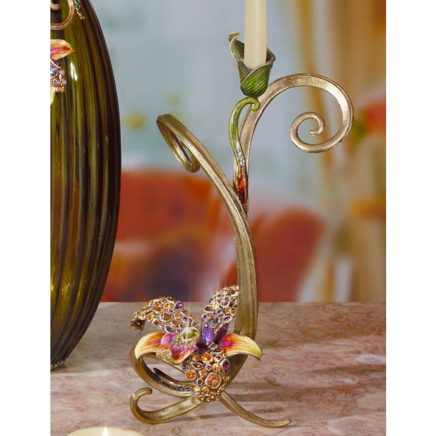 Jay Strongwater Mirabelle Orchid Candlestick Holder, Flora Leaf Swarovski Crystal Enamel